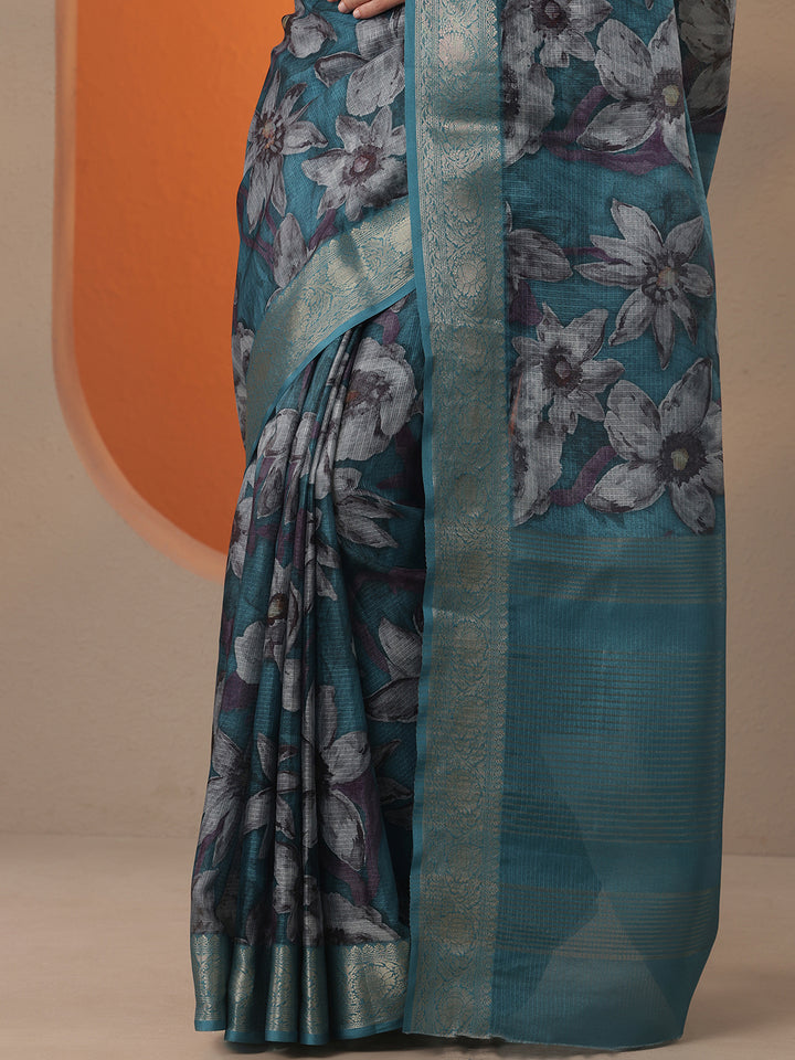 Blue Printed Kota Saree With Unstitched Blouse Piece