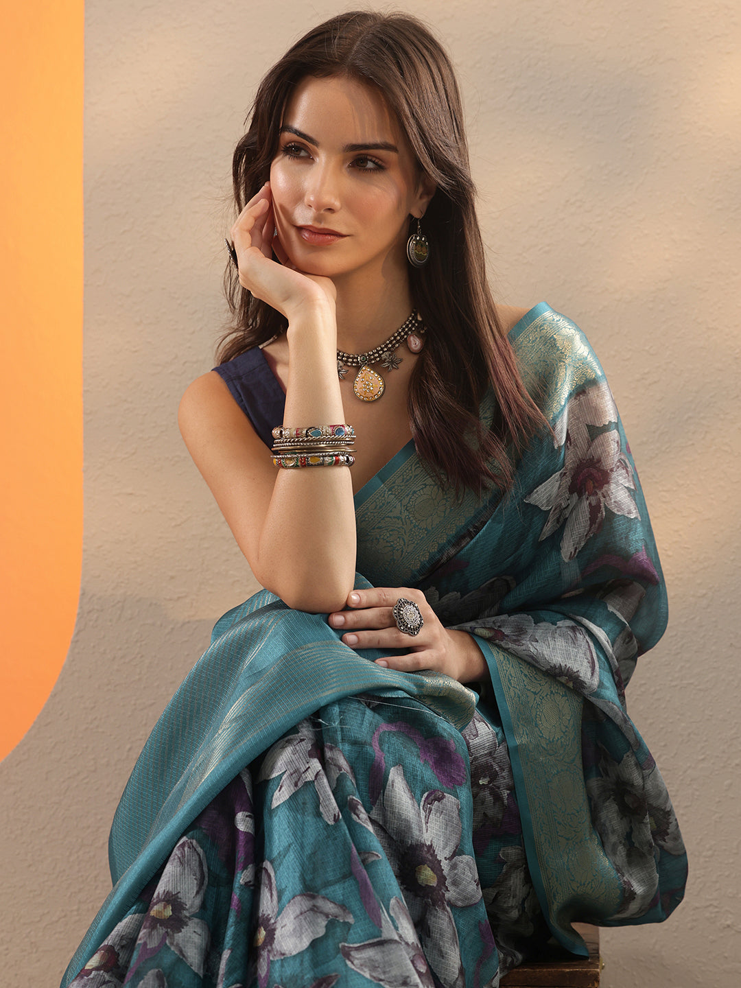 Blue Printed Kota Saree With Unstitched Blouse Piece