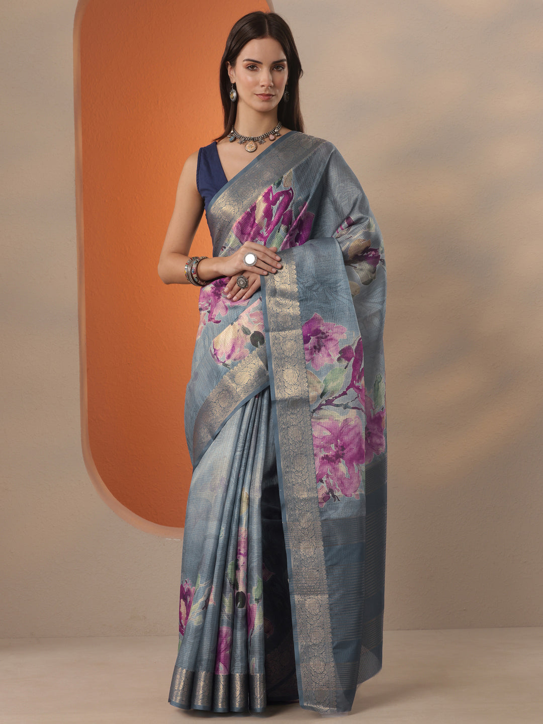 Grey Printed Kota Saree With Unstitched Blouse Piece