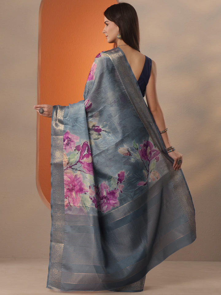 Grey Printed Kota Saree With Unstitched Blouse Piece