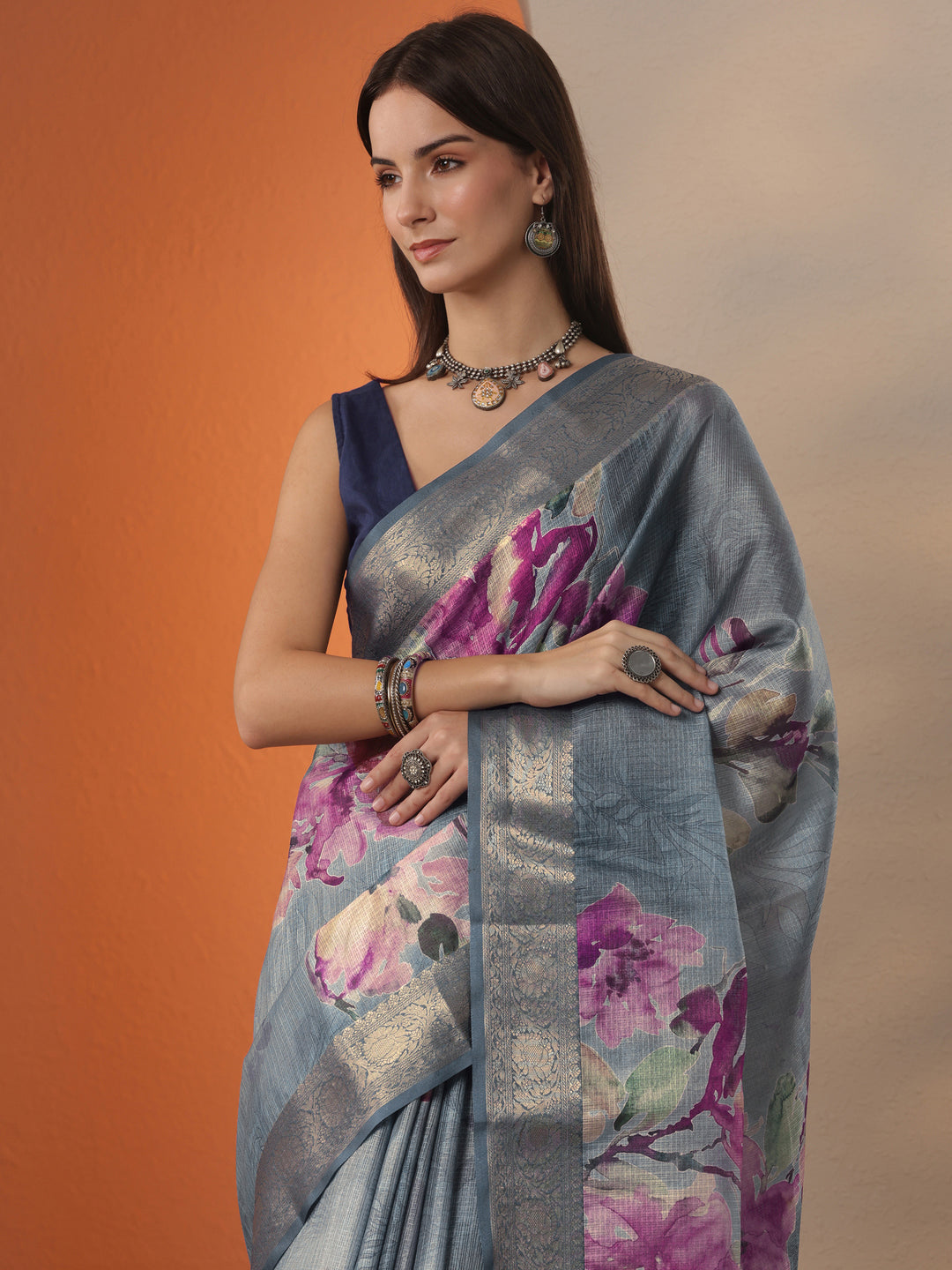 Grey Printed Kota Saree With Unstitched Blouse Piece