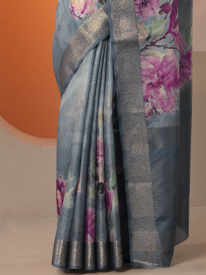 Grey Printed Kota Saree With Unstitched Blouse Piece