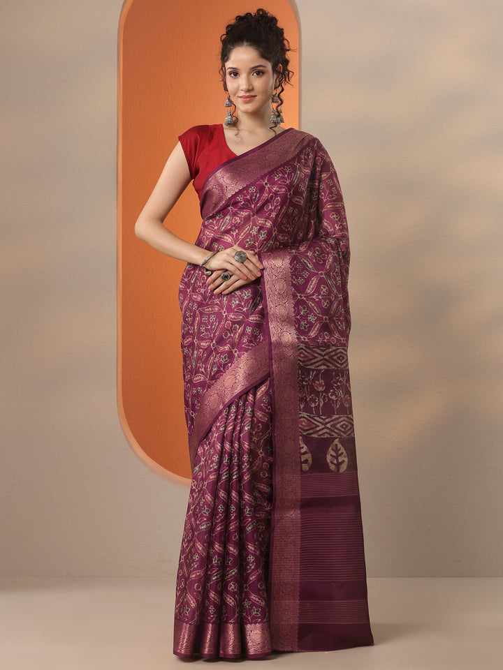 Burgundy Printed Kota Saree With Unstitched Blouse Piece