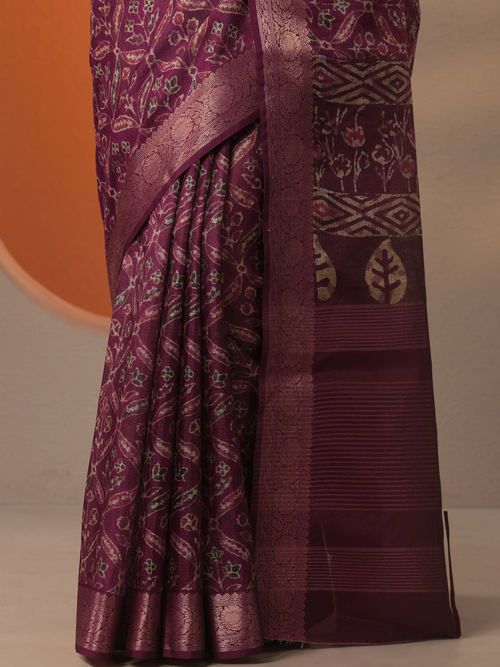Burgundy Printed Kota Saree With Unstitched Blouse Piece