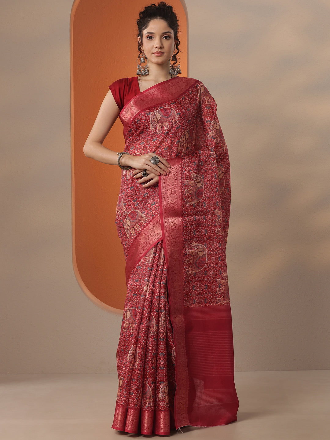 Red Printed Kota Saree With Unstitched Blouse Piece