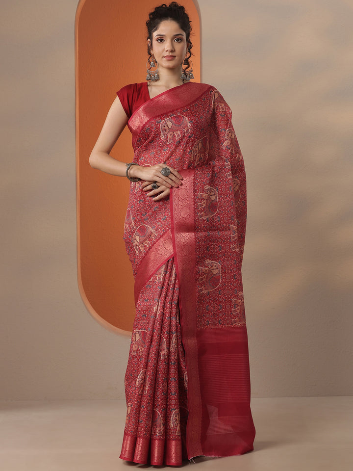 Red Printed Kota Saree With Unstitched Blouse Piece