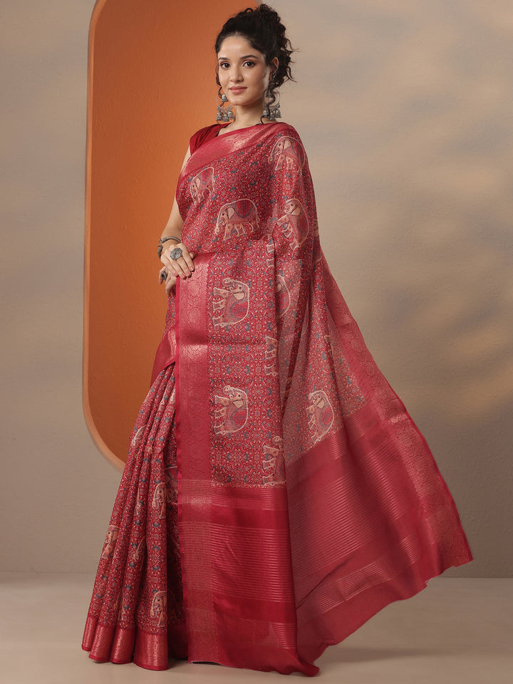Red Printed Kota Saree With Unstitched Blouse Piece