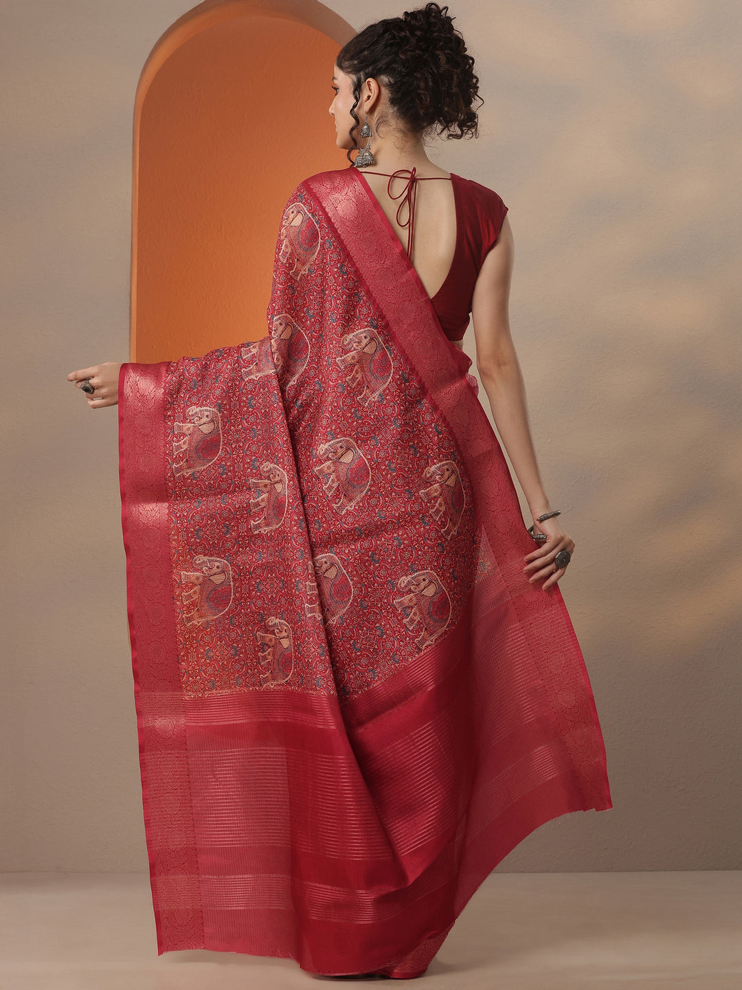 Red Printed Kota Saree With Unstitched Blouse Piece