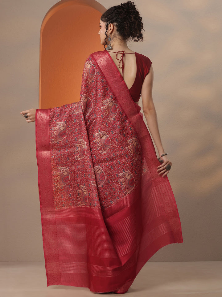 Red Printed Kota Saree With Unstitched Blouse Piece