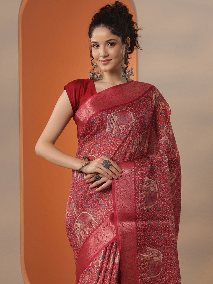 Red Printed Kota Saree With Unstitched Blouse Piece