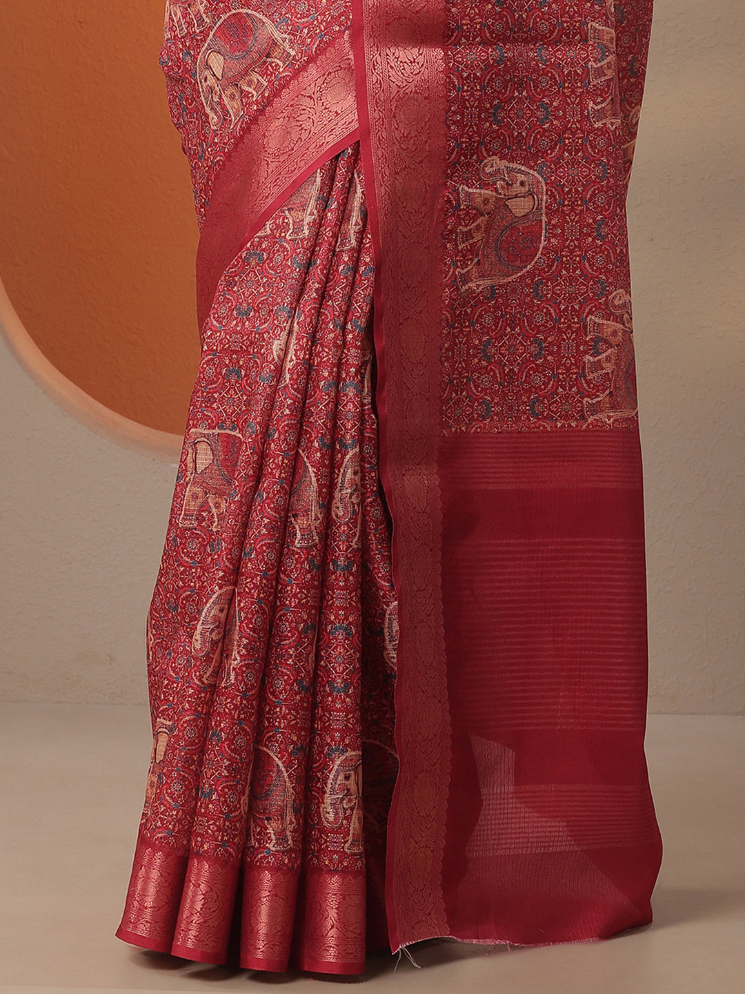 Red Printed Kota Saree With Unstitched Blouse Piece