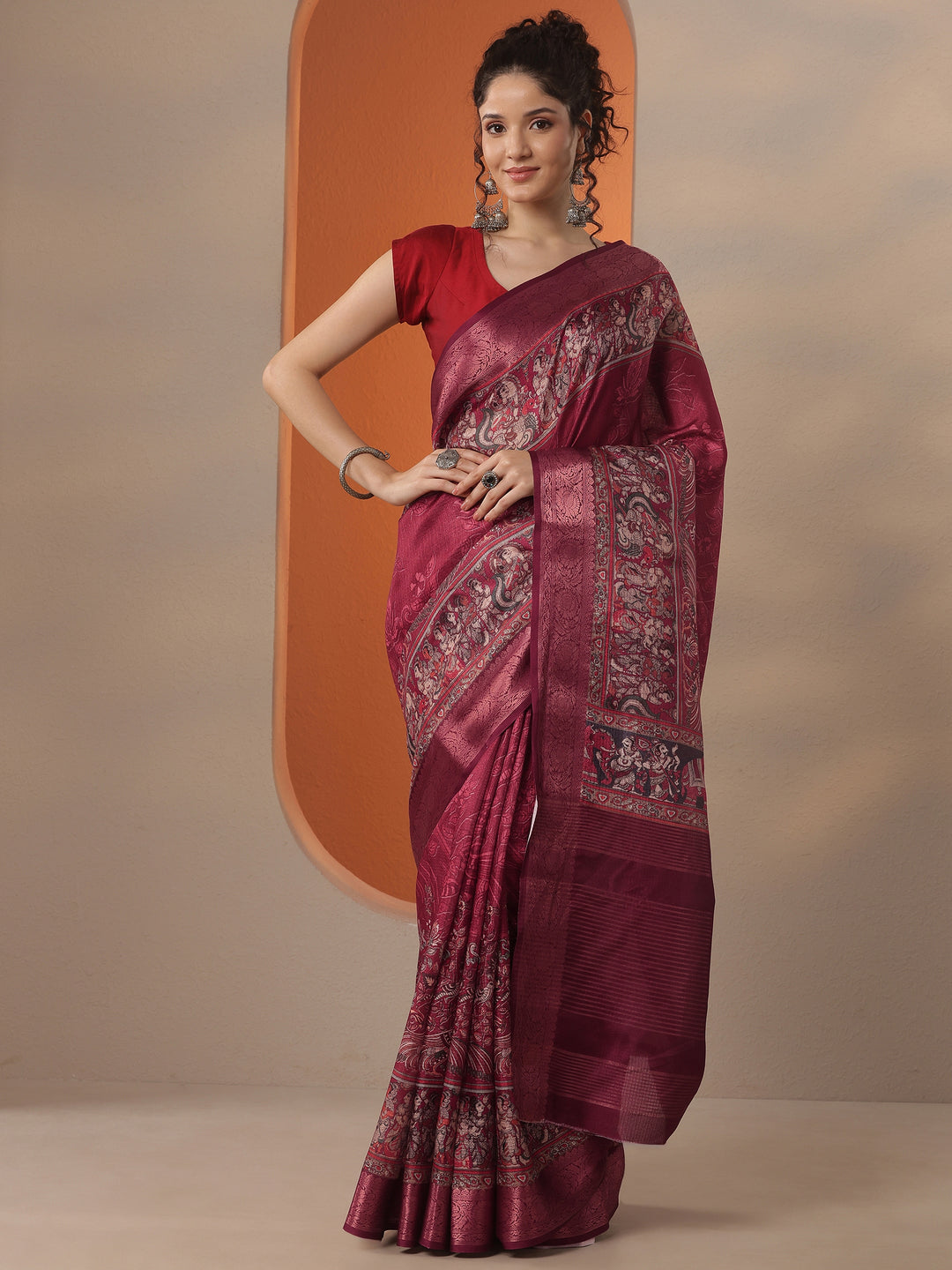 Maroon Printed Kota Saree With Unstitched Blouse Piece