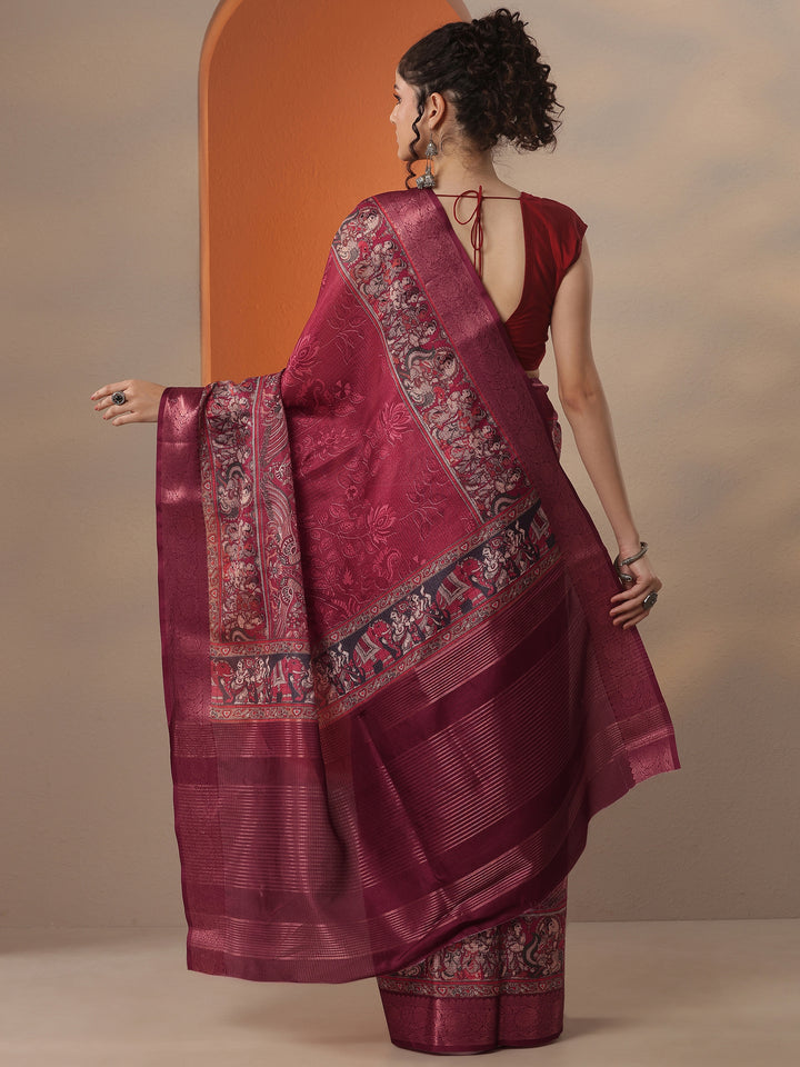 Maroon Printed Kota Saree With Unstitched Blouse Piece