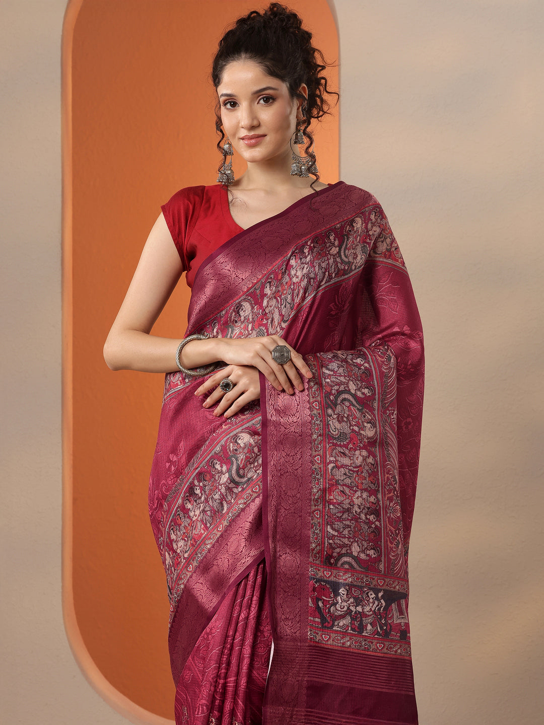 Maroon Printed Kota Saree With Unstitched Blouse Piece
