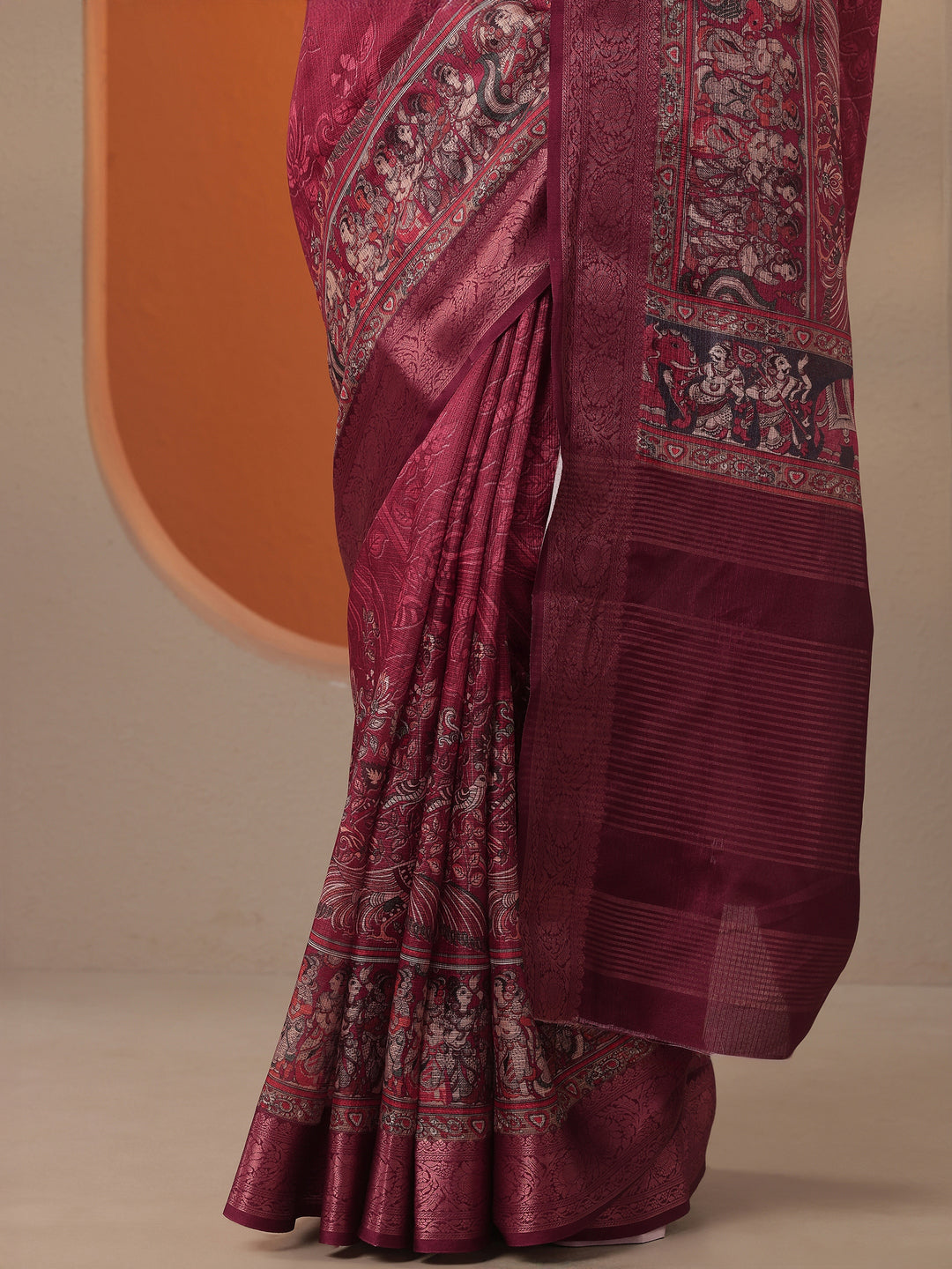 Maroon Printed Kota Saree With Unstitched Blouse Piece