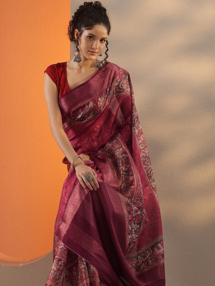 Maroon Printed Kota Saree With Unstitched Blouse Piece