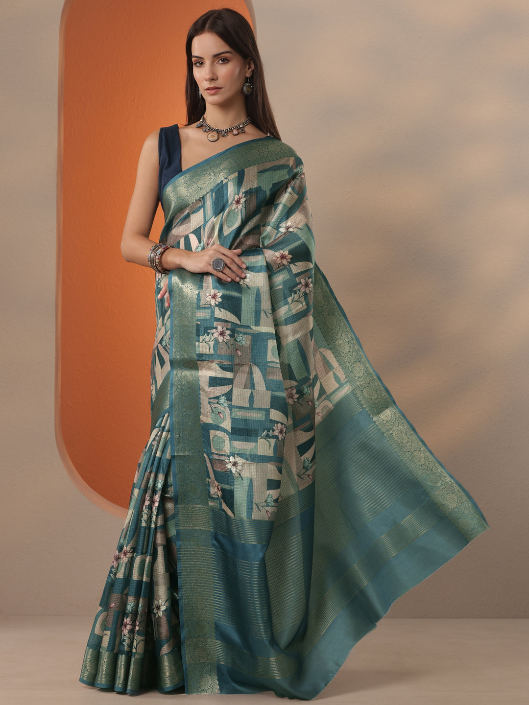 Teal Printed Kota Saree With Unstitched Blouse Piece