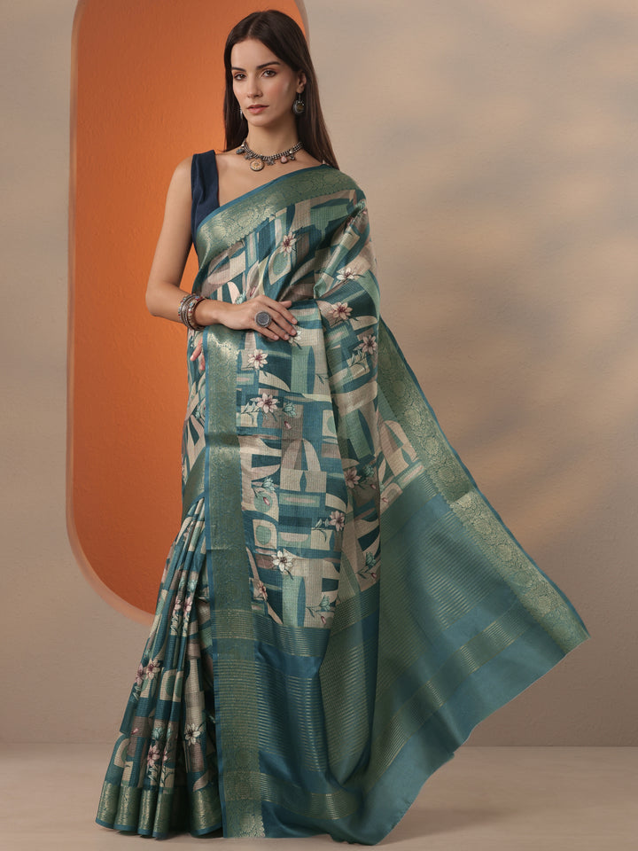 Teal Printed Kota Saree With Unstitched Blouse Piece