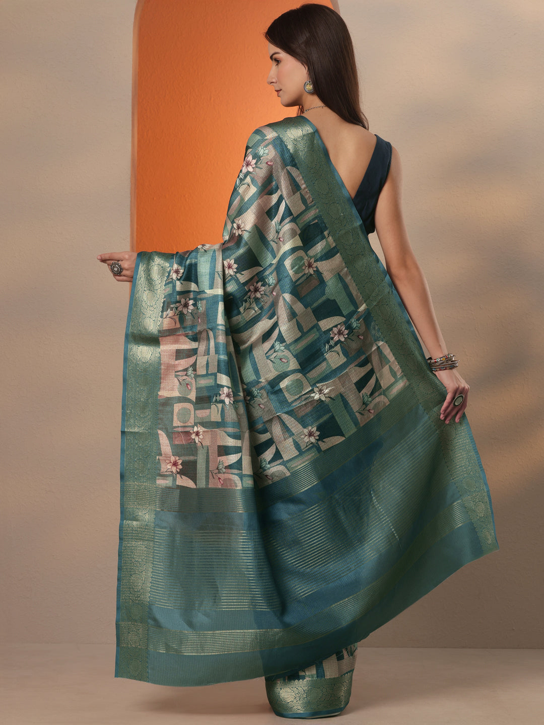 Teal Printed Kota Saree With Unstitched Blouse Piece