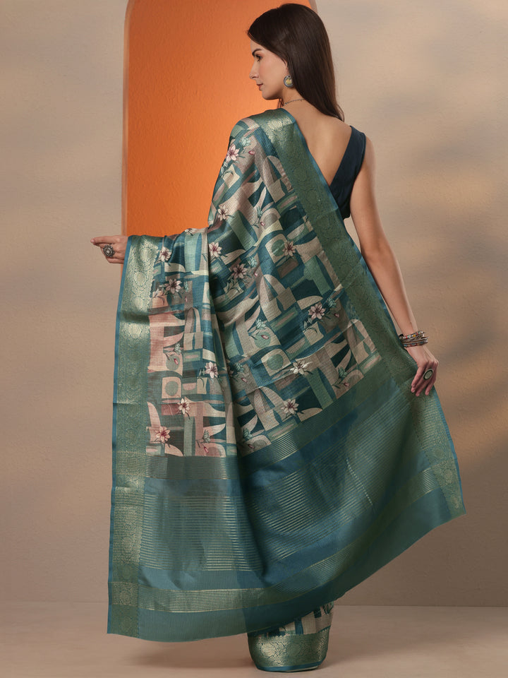 Teal Printed Kota Saree With Unstitched Blouse Piece