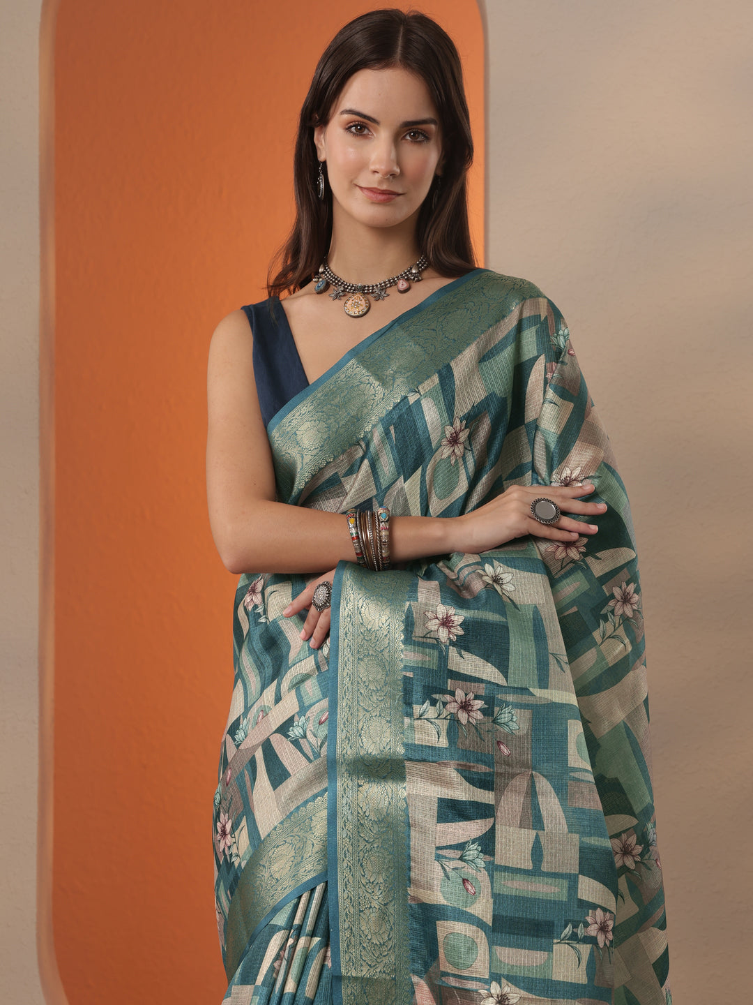 Teal Printed Kota Saree With Unstitched Blouse Piece