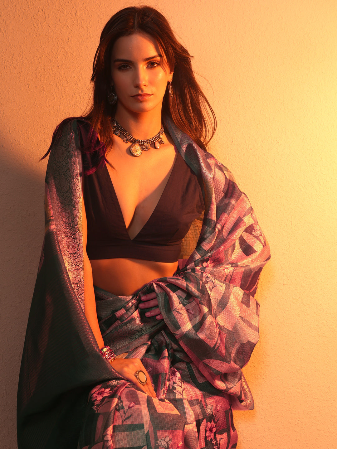 Teal Printed Kota Saree With Unstitched Blouse Piece
