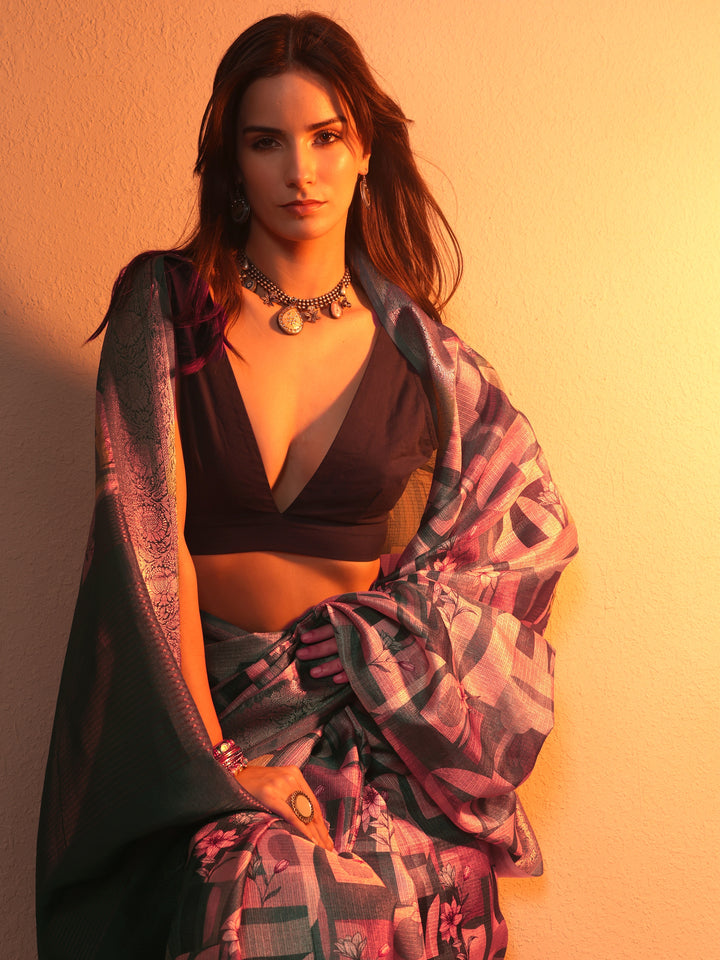 Teal Printed Kota Saree With Unstitched Blouse Piece