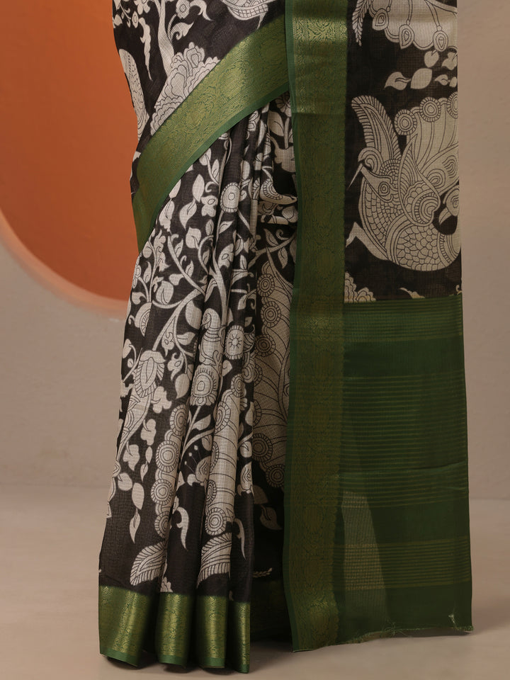 Black Printed Kota Saree With Unstitched Blouse Piece