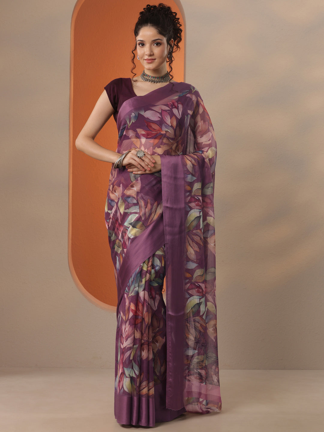 Burgundy Printed Chinon Saree With Unstitched Blouse Piece