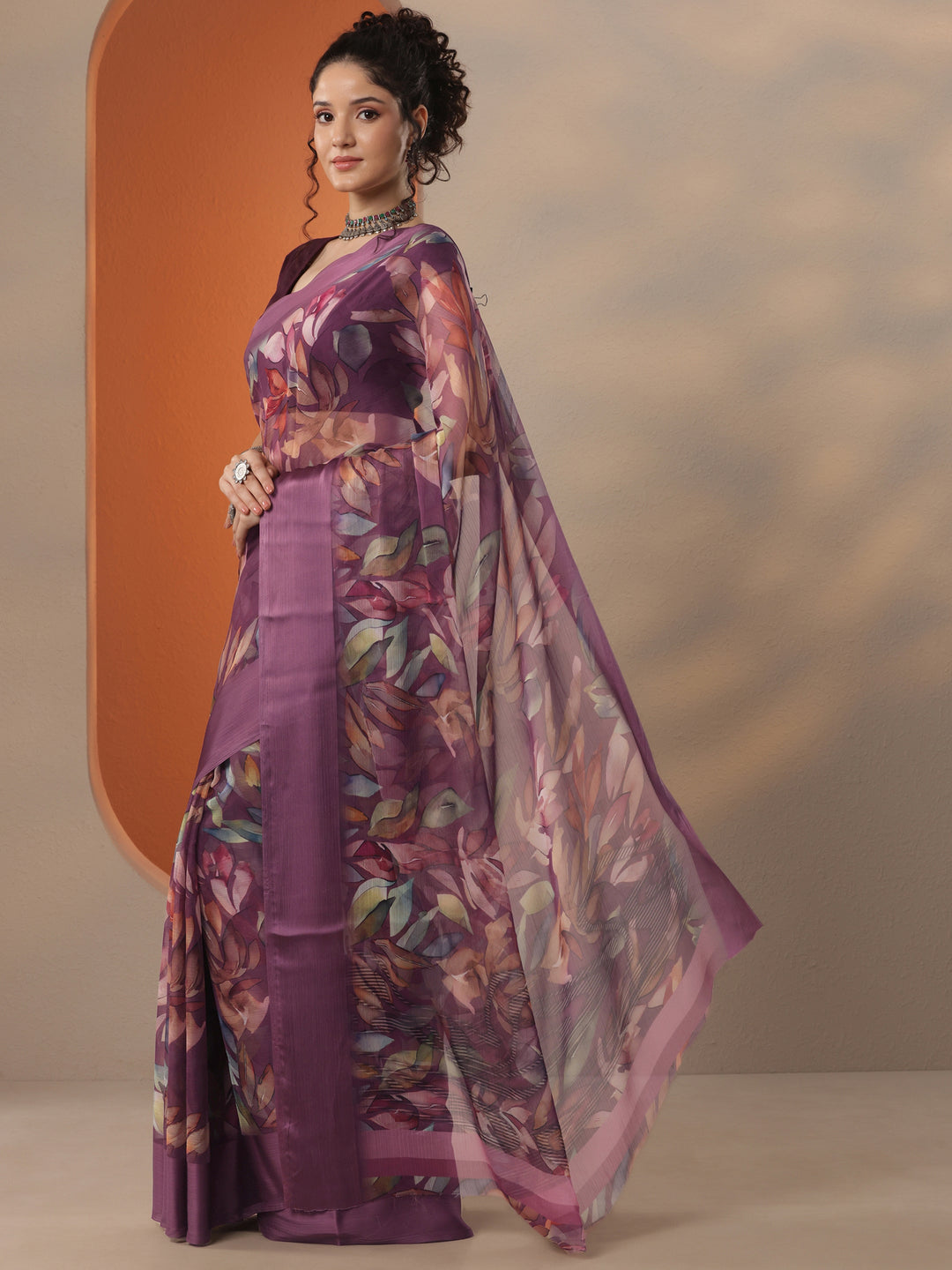 Burgundy Printed Chinon Saree With Unstitched Blouse Piece