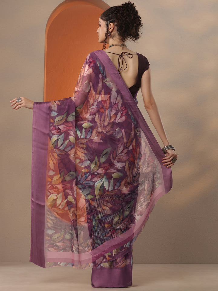 Burgundy Printed Chinon Saree With Unstitched Blouse Piece