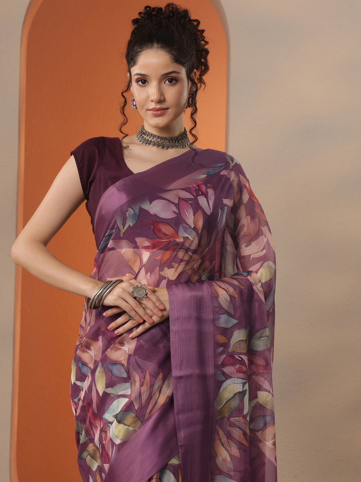 Burgundy Printed Chinon Saree With Unstitched Blouse Piece