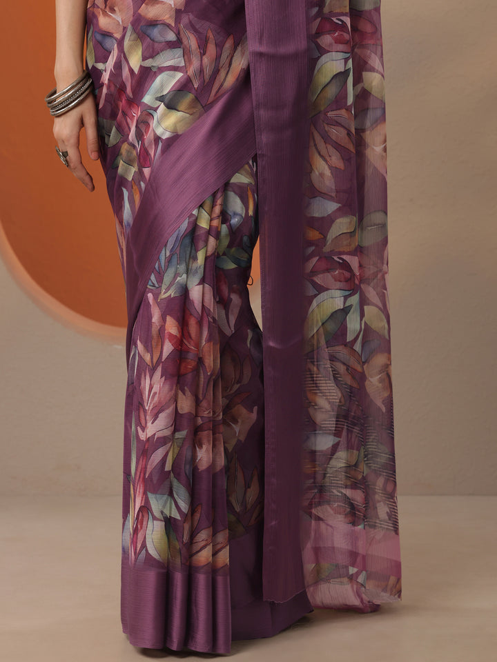 Burgundy Printed Chinon Saree With Unstitched Blouse Piece