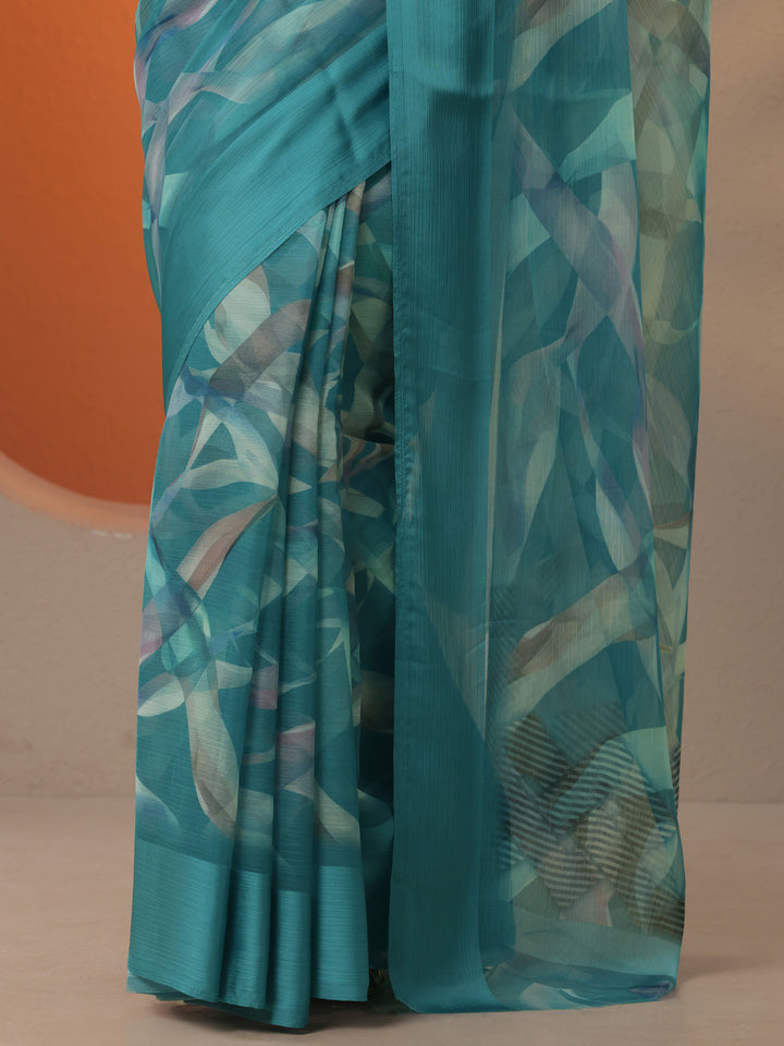 Teal Printed Chinon Saree With Unstitched Blouse Piece