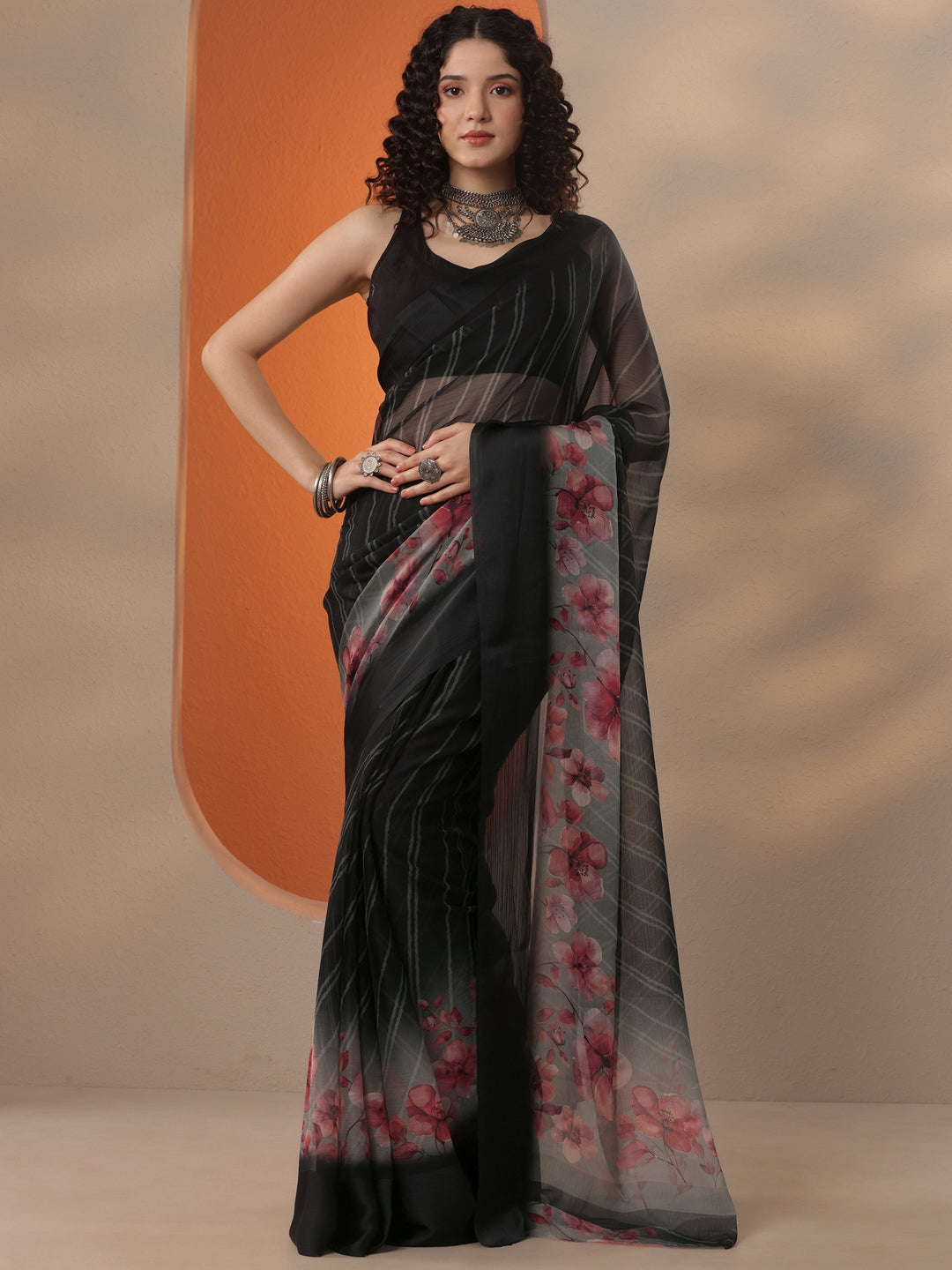 Black Leheriya Printed Chinon Saree With Unstitched Blouse Piece