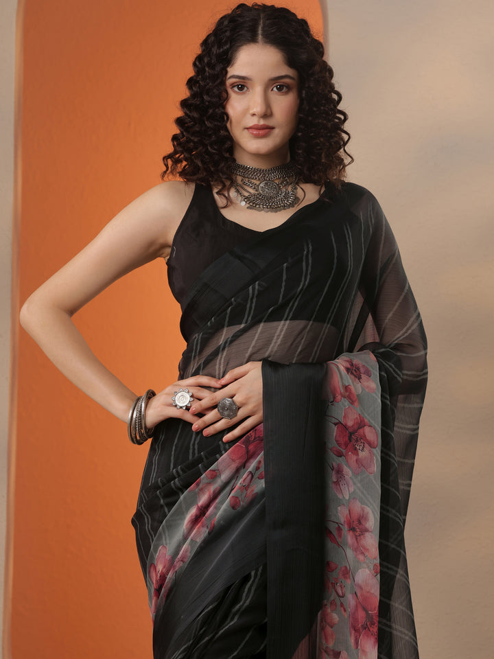 Black Leheriya Printed Chinon Saree With Unstitched Blouse Piece