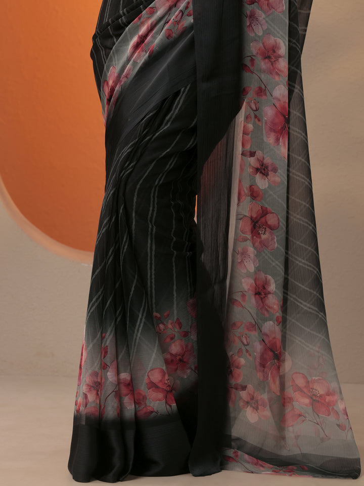 Black Leheriya Printed Chinon Saree With Unstitched Blouse Piece
