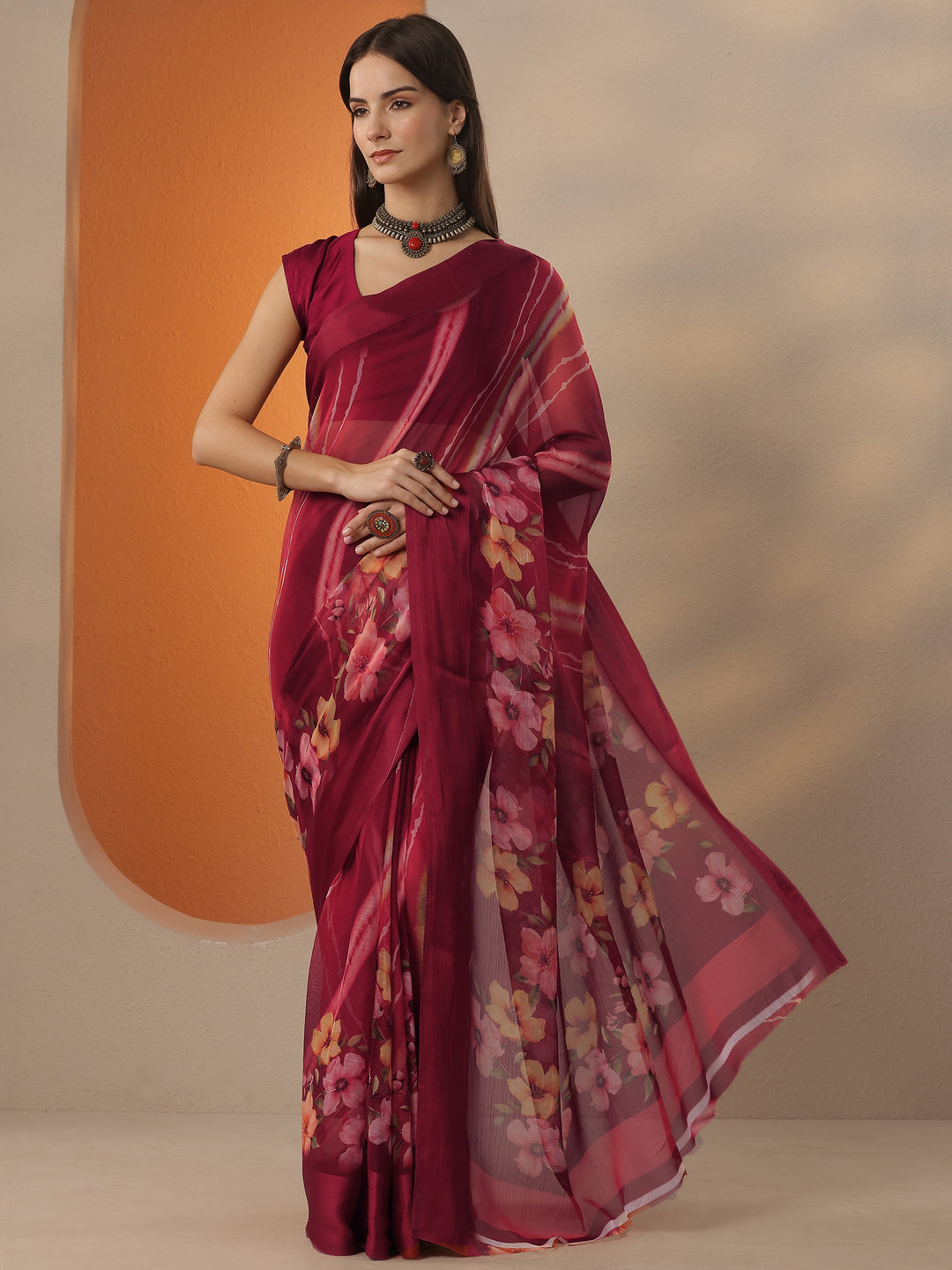 Red Leheriya Printed Chinon Saree With Unstitched Blouse Piece