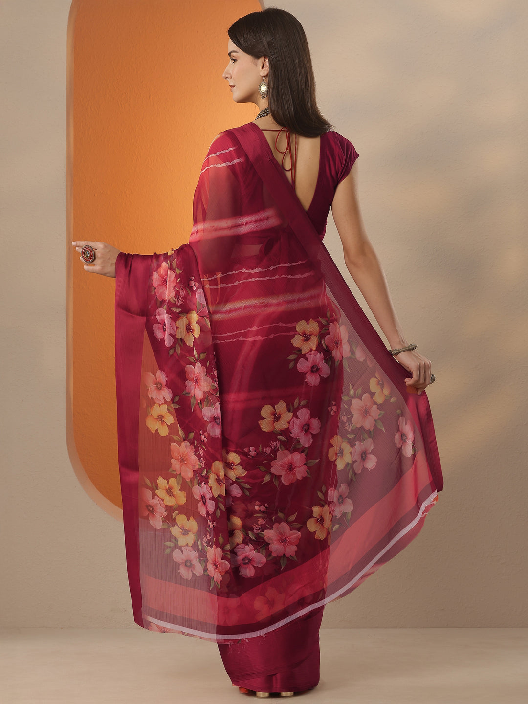 Red Leheriya Printed Chinon Saree With Unstitched Blouse Piece