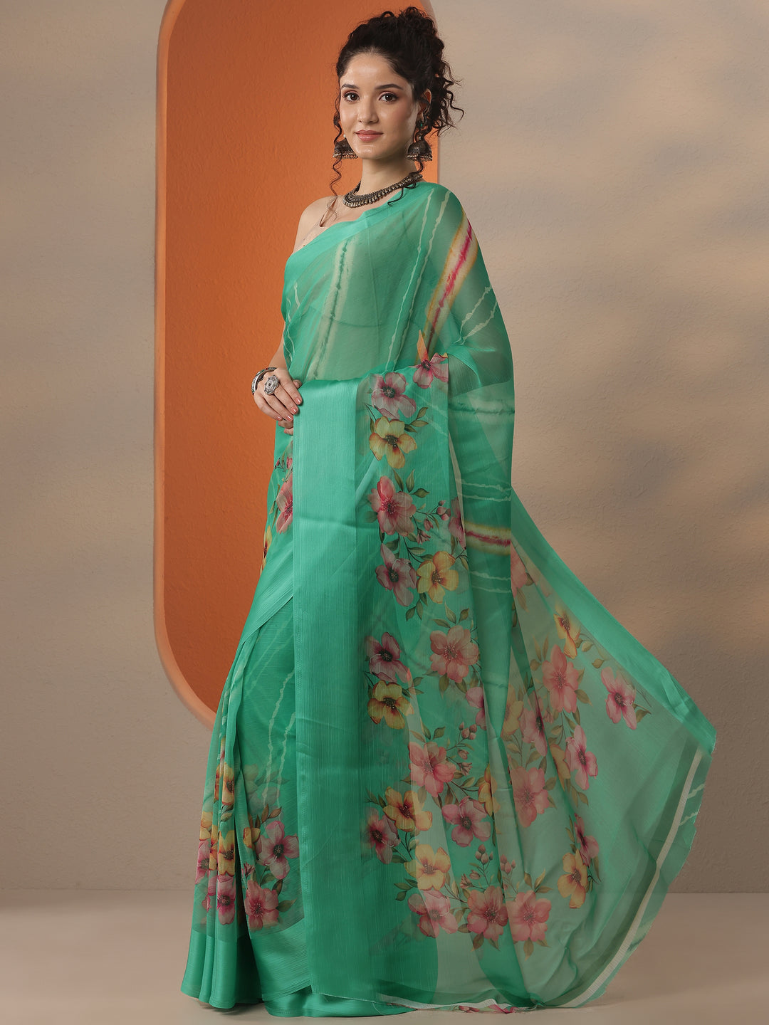 Green Leheriya Printed Chinon Saree With Unstitched Blouse Piece
