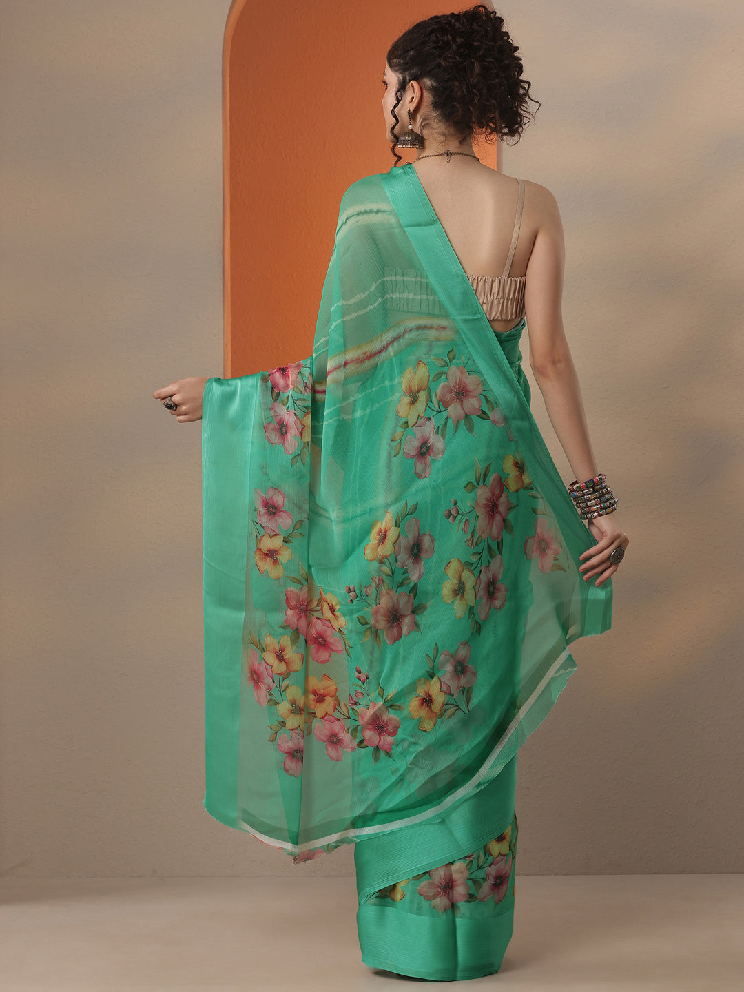 Green Leheriya Printed Chinon Saree With Unstitched Blouse Piece