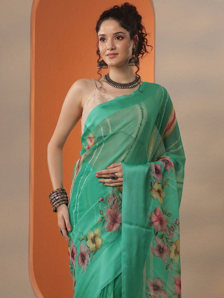 Green Leheriya Printed Chinon Saree With Unstitched Blouse Piece