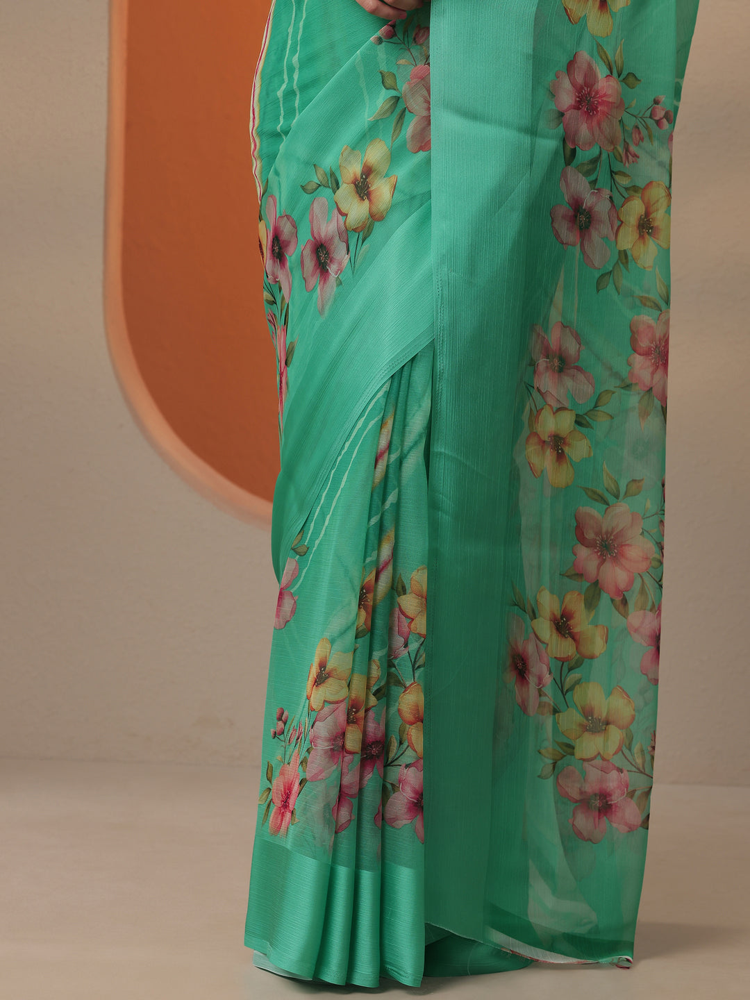 Green Leheriya Printed Chinon Saree With Unstitched Blouse Piece