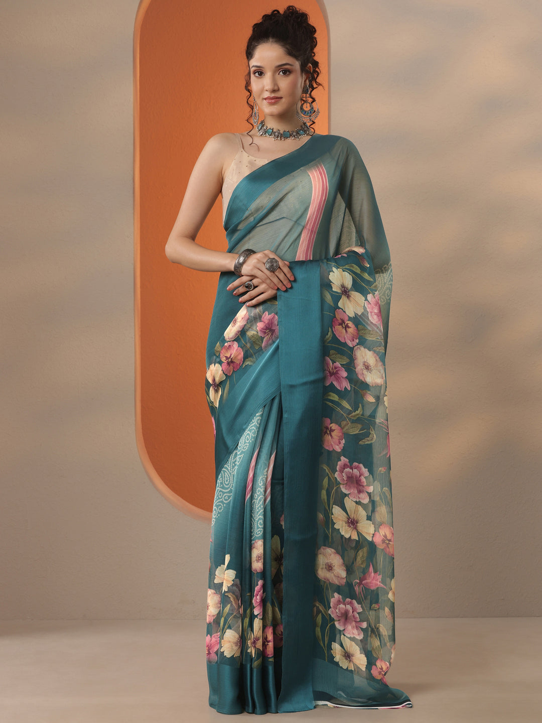 Teal Bandhani Printed Chinon Saree With Unstitched Blouse Piece