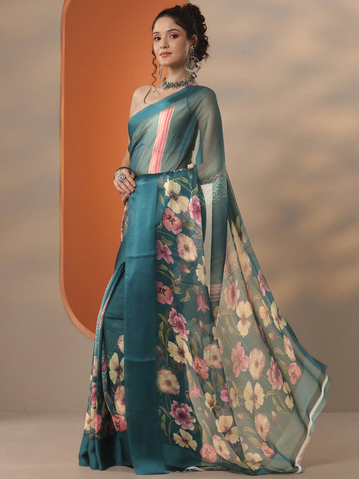 Teal Bandhani Printed Chinon Saree With Unstitched Blouse Piece
