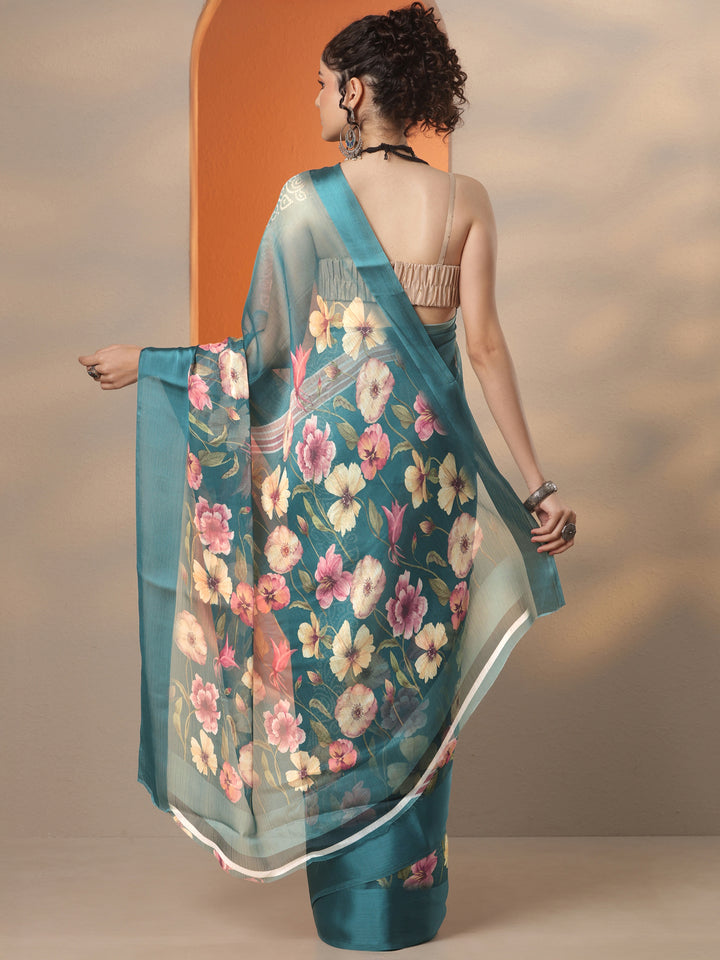 Teal Bandhani Printed Chinon Saree With Unstitched Blouse Piece