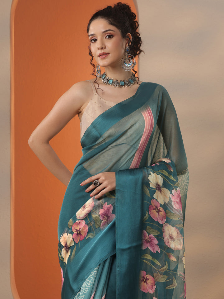 Teal Bandhani Printed Chinon Saree With Unstitched Blouse Piece