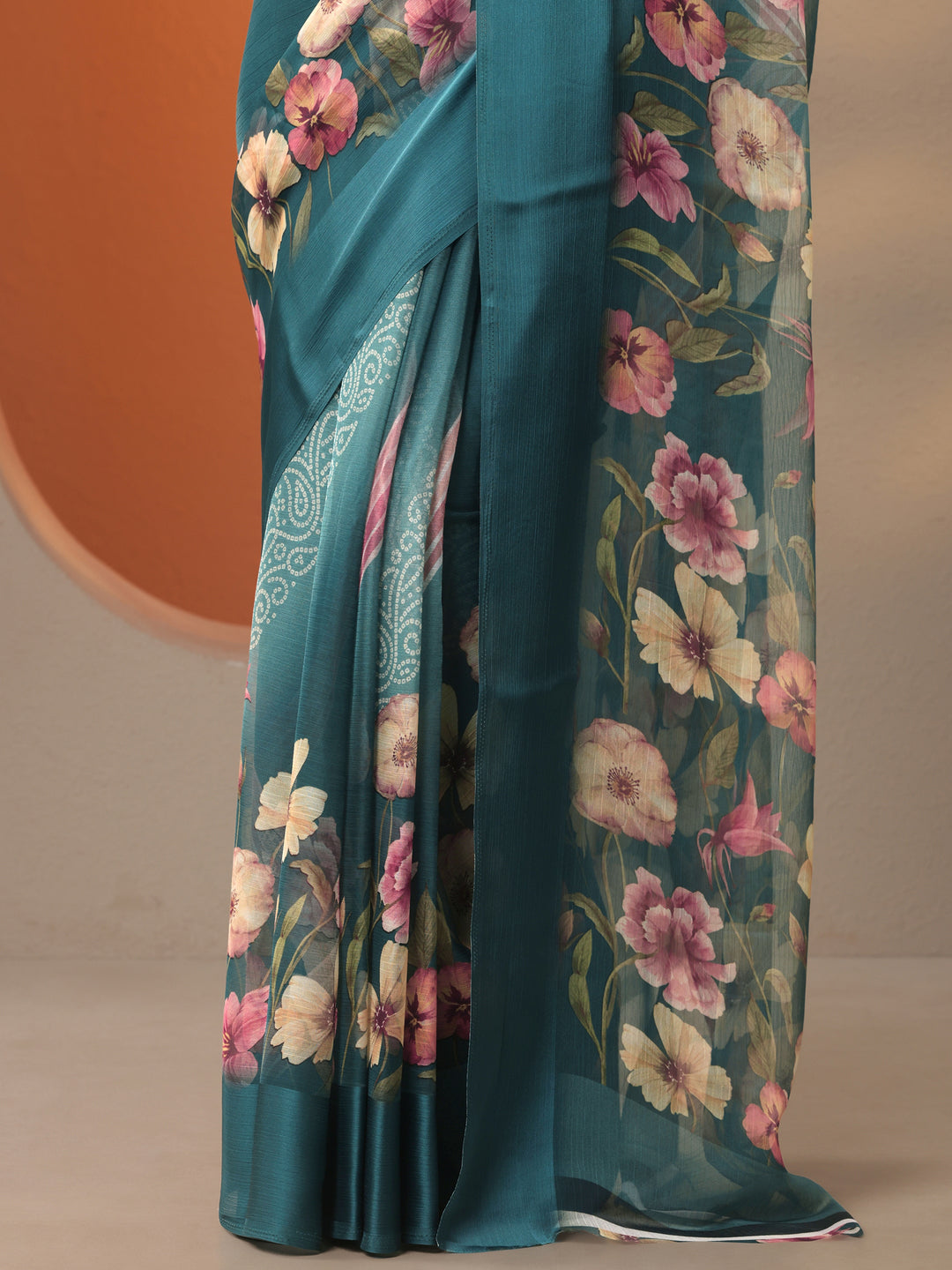 Teal Bandhani Printed Chinon Saree With Unstitched Blouse Piece