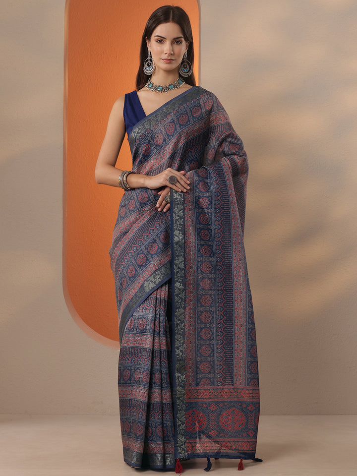 Blue Printed Chinon Saree With Unstitched Blouse Piece
