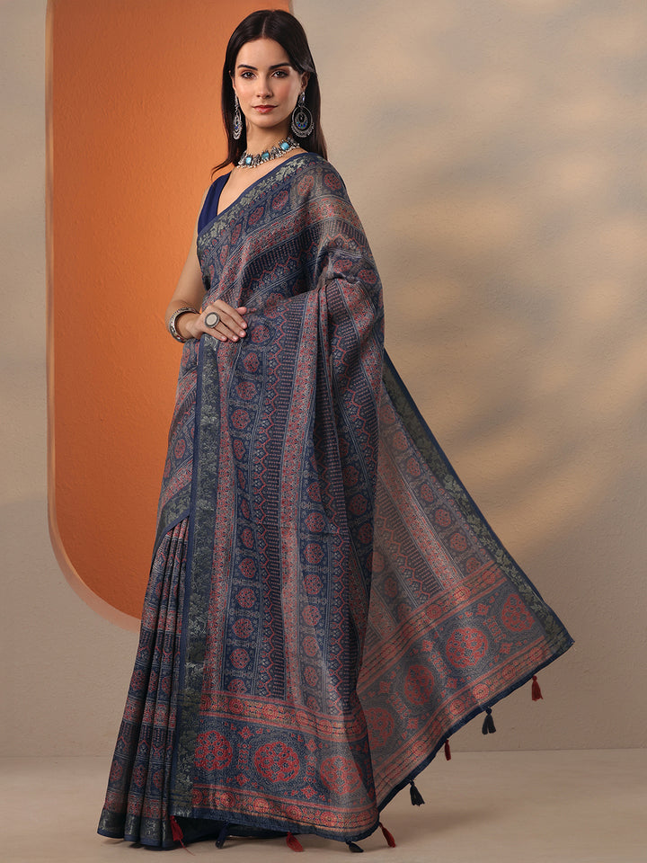 Blue Printed Chinon Saree With Unstitched Blouse Piece